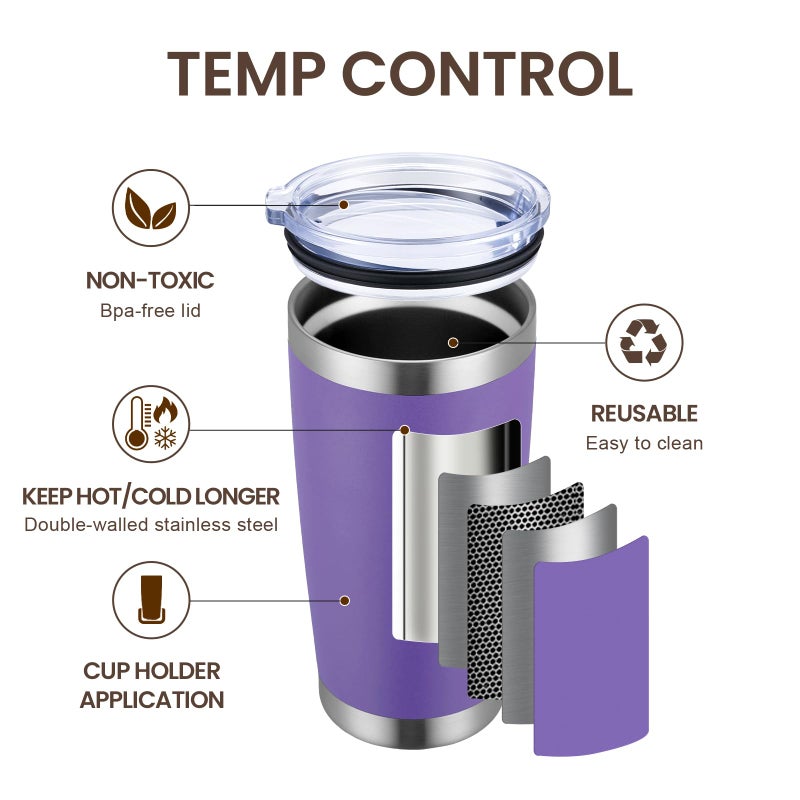 MEWAY 20oz Tumbler 8 Pack Double Wall Vacuum Insulated Travel Mug Bulk, Stainless Steel Tumblers with Lid and Straw, Durable Powder Coated Coffee Cups for Cold & Hot Drinks (Purple, 8) - Image 2
